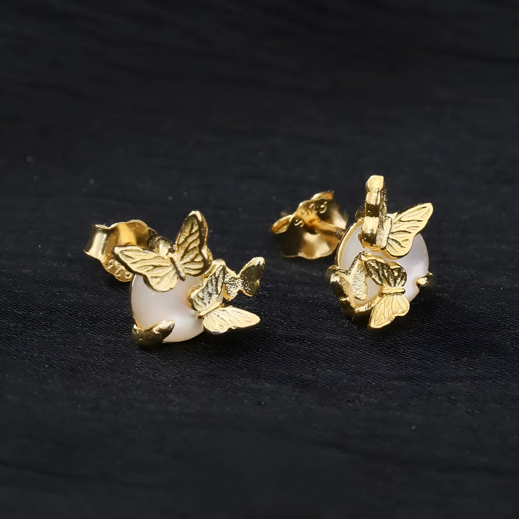 Butterfly ear studs in 925 silver with gold electroplated finish and animal zodiac modelling details