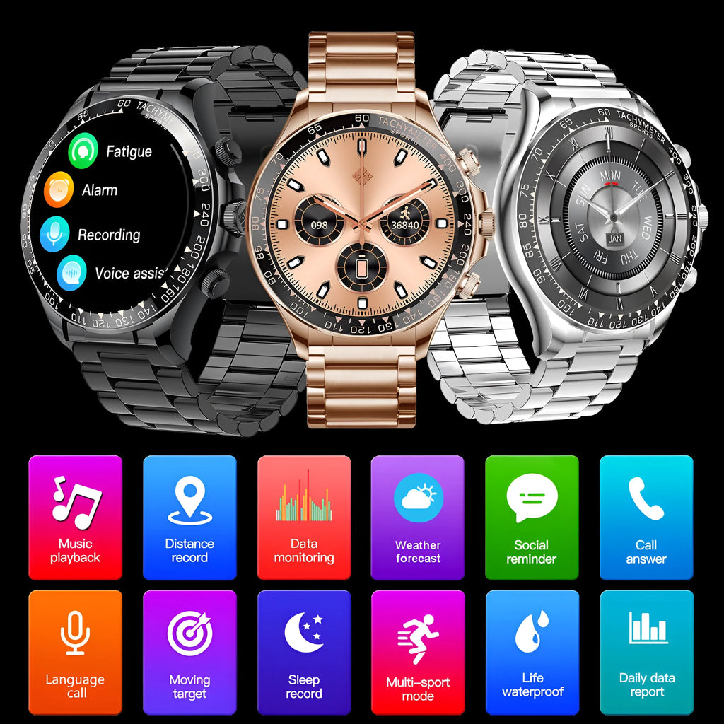 Round screen EX108 smart watch with Bluetooth calling, IPS display and three silicone watchbands in black, silver or rose gold.