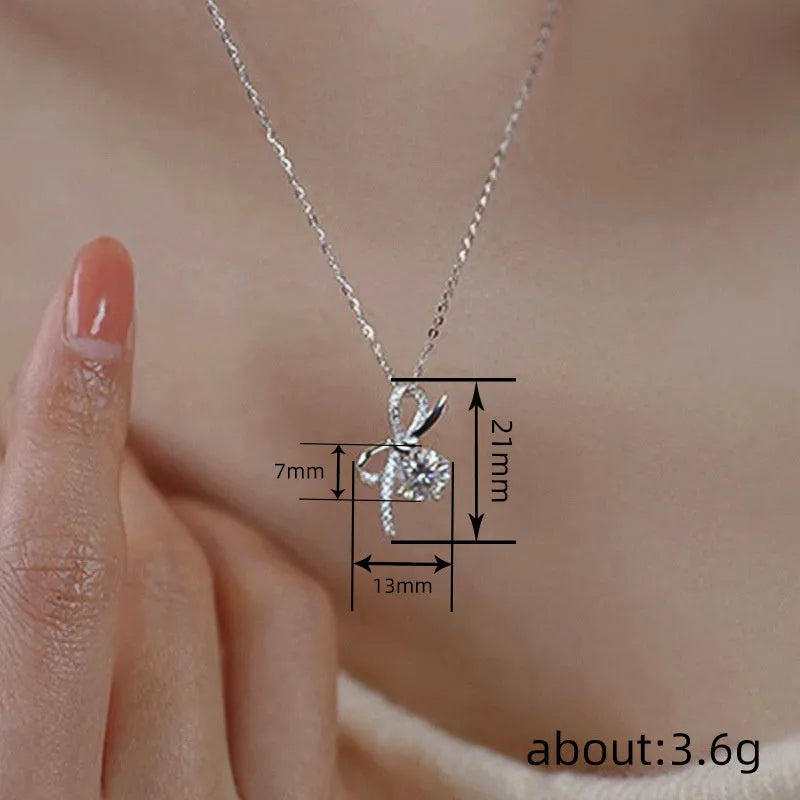 Bow necklace for women in XL1511 White Gold with inlaid zircon, copper base, and O-ring chain, 21-50cm.
