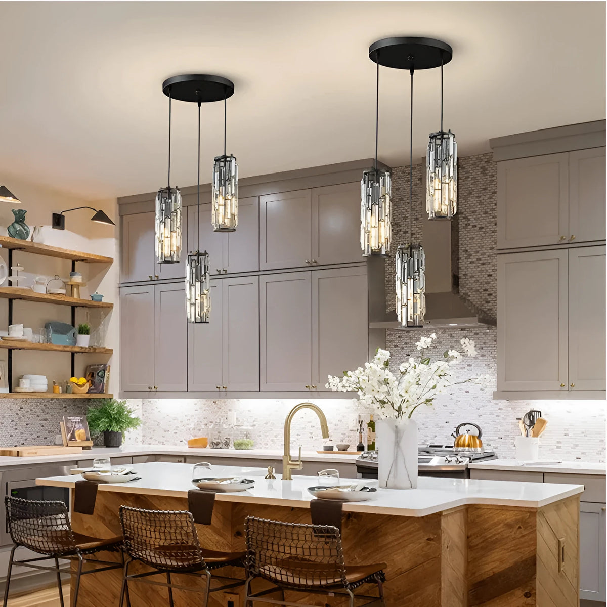 LED industrial crystal pendant light in black, gold, or chrome for dining room, aisle, or bedside, 220V