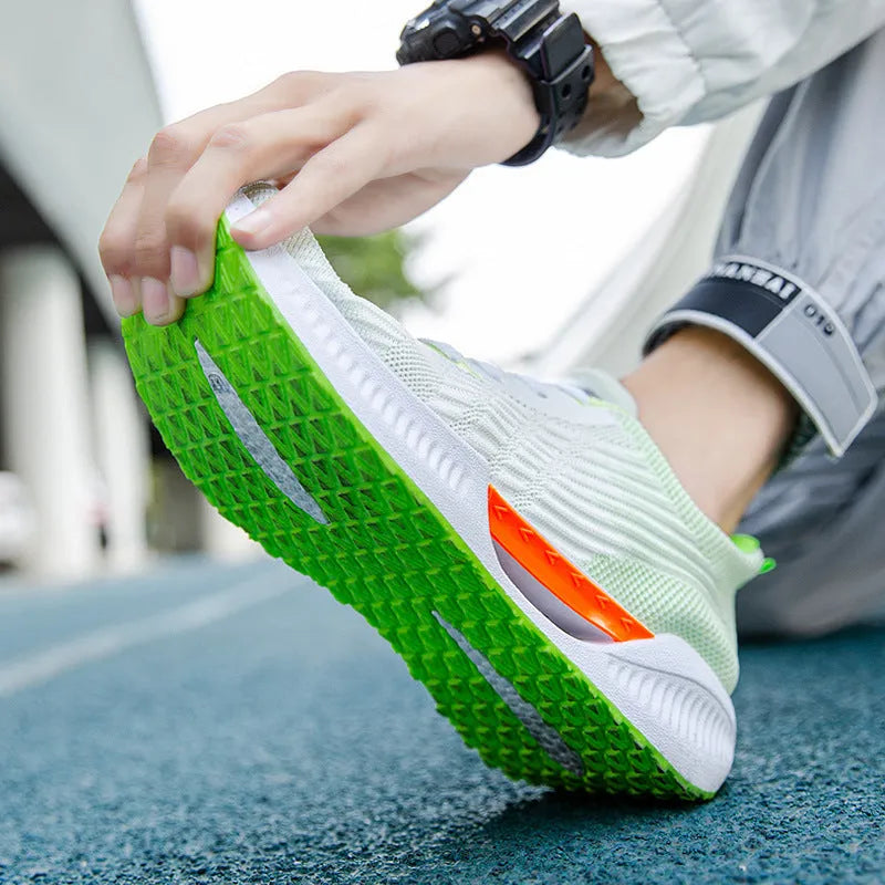Men's blue casual sports mesh shoes with cloth upper and round toe design on a white background.
