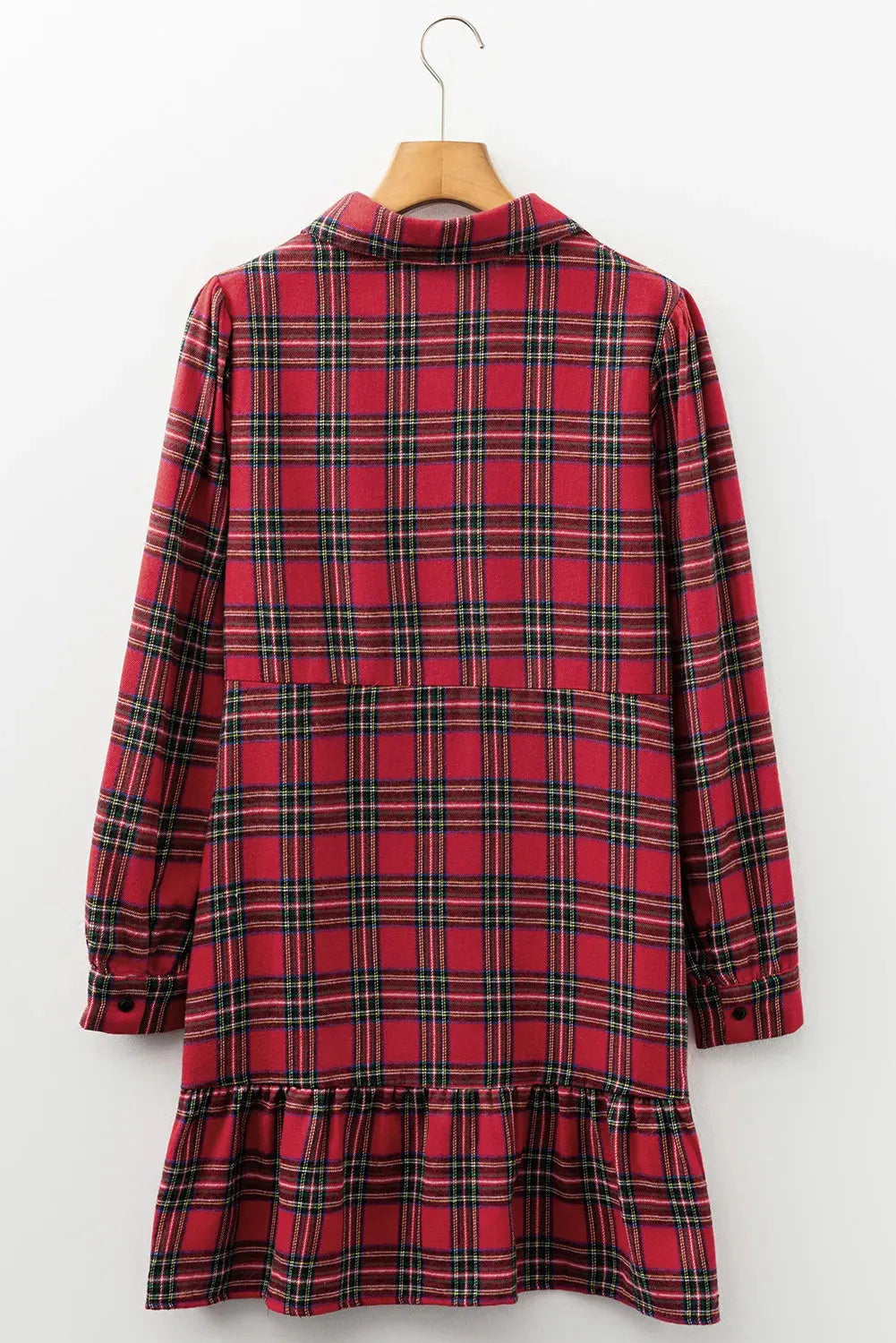 Red plaid women's mini dress with shirt collar, long sleeves, half-button front, and ruffle hem.