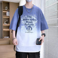 Boys youth printed t-shirt with text design in dark blue, cotton-polyester fabric, drop-shoulder sleeves