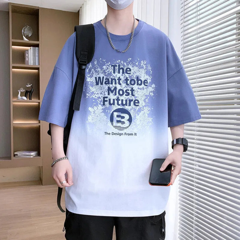 Boys youth printed t-shirt with text design in dark blue, cotton-polyester fabric, drop-shoulder sleeves