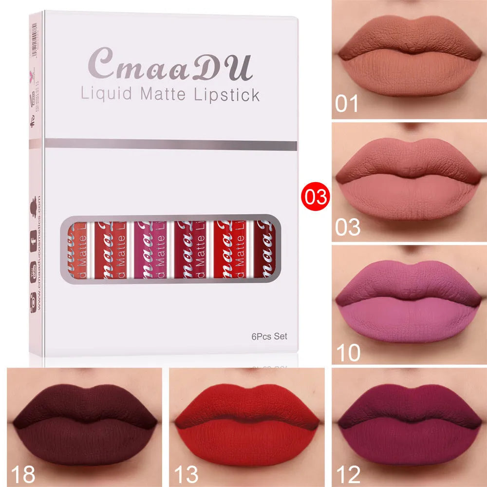 Six boxes of matte non-stick waterproof lip gloss, each 2.5mL, with multivitamin formula on white background