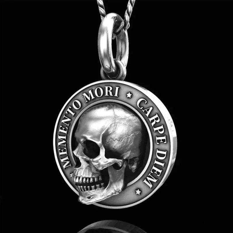 Antique silver stainless steel skull pendant on horsewhip chain with adjustable 51-80cm circumference