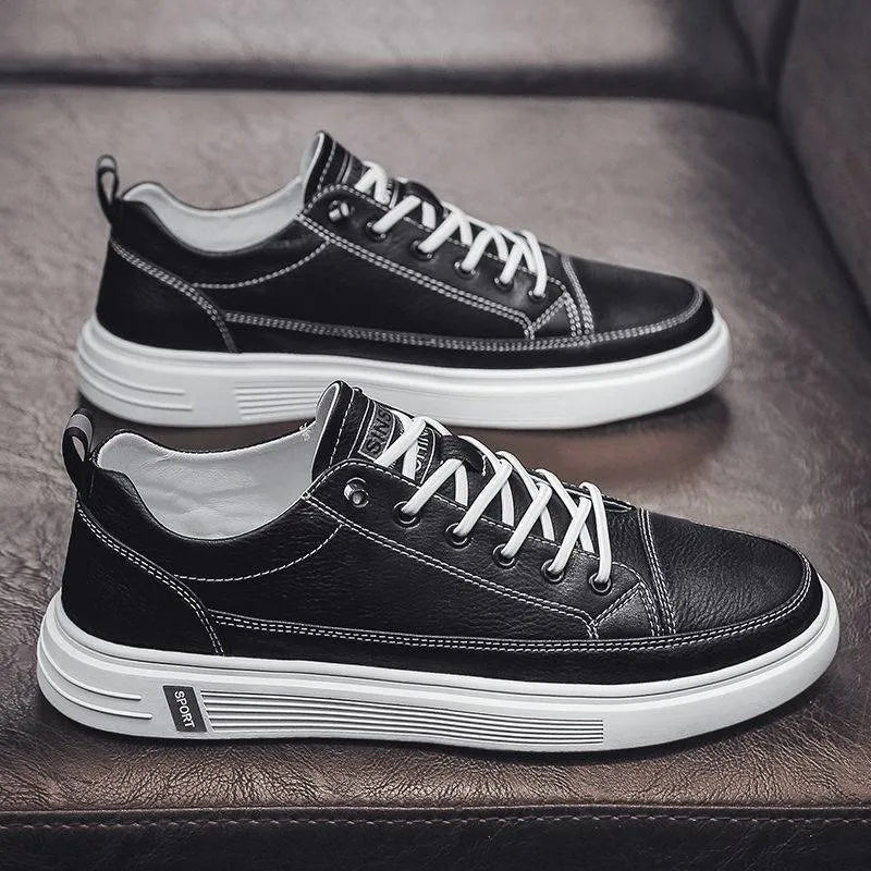 Men's white casual shoes with PU leather upper, round toe, and flat bottom low heel design