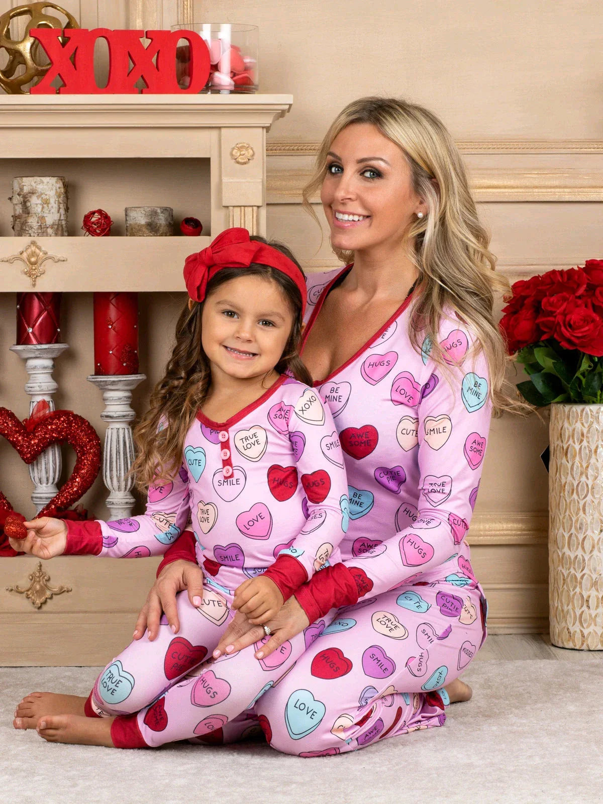 Valentine's Day family matching cotton pajamas with heart print design