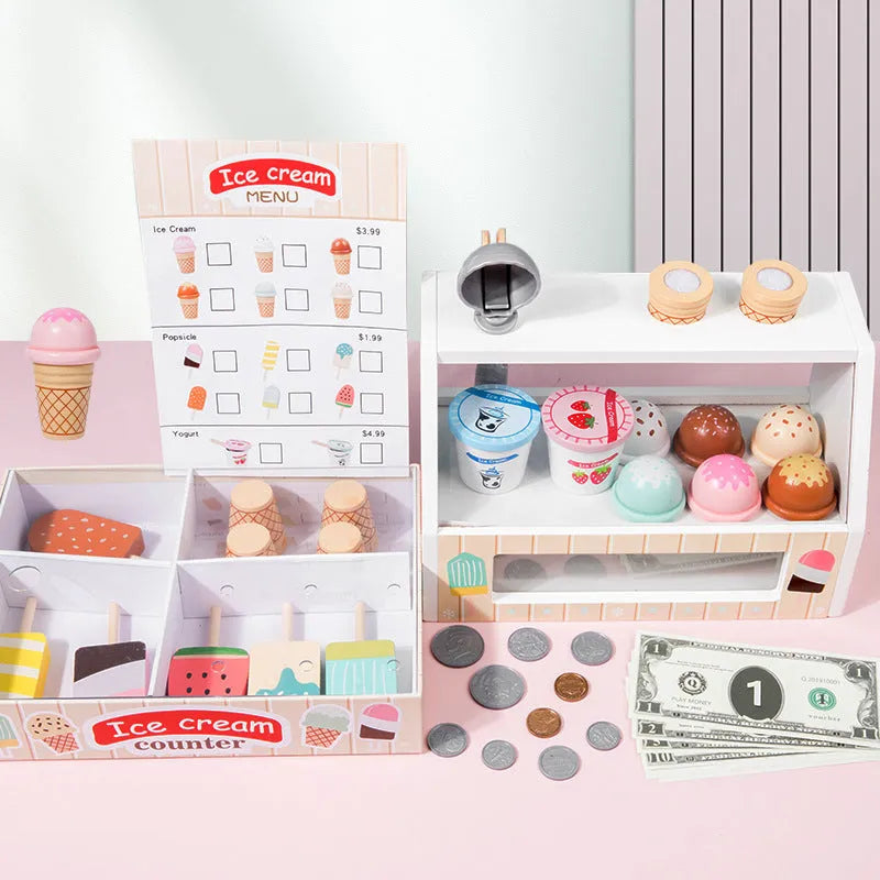 Wooden ice cream toy set for children with solid wood pieces and three colour options
