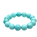 Natural blue-green amazonite gemstone beaded bracelet with stainless steel clasp on a wrist.