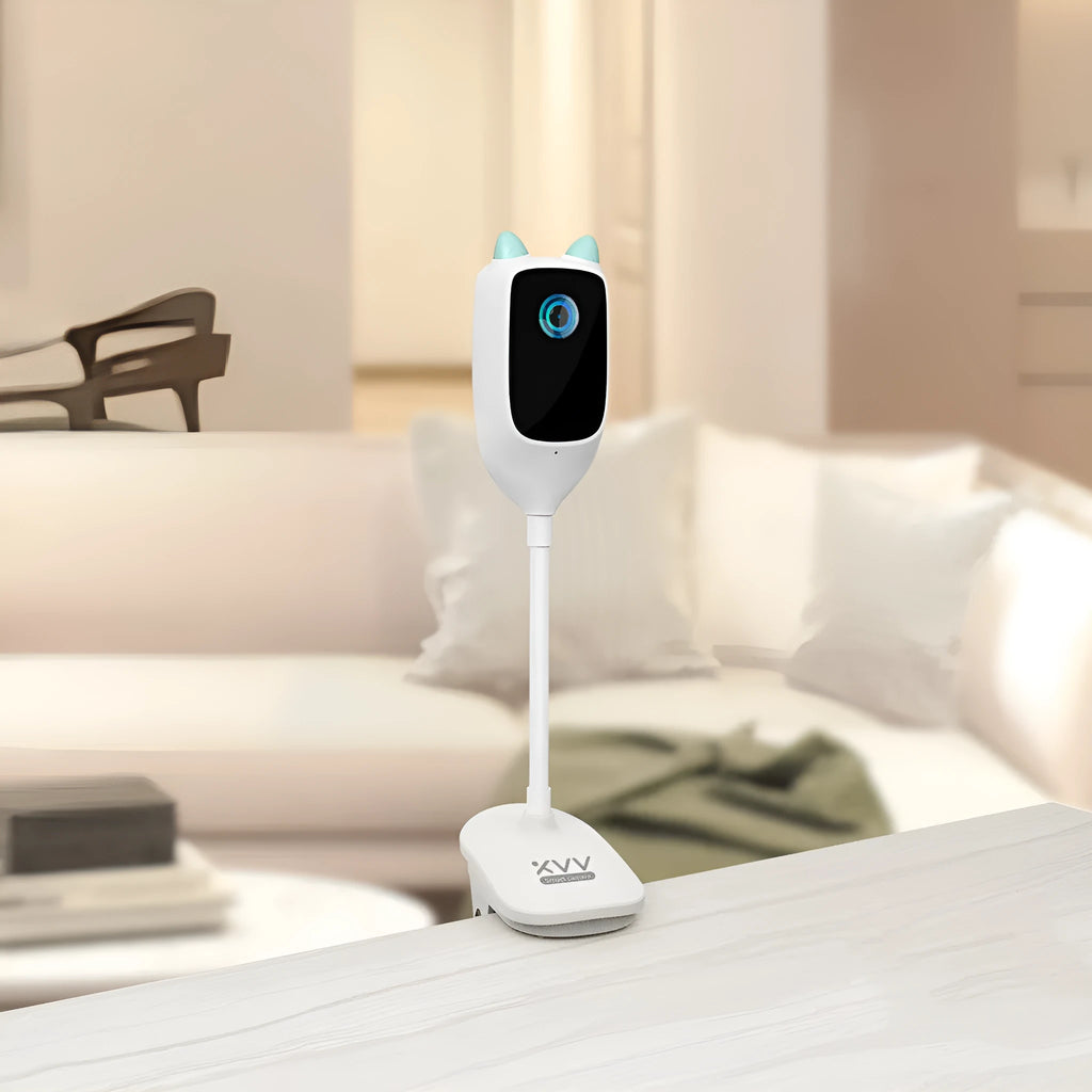 White transparent baby monitor with 1080p HD, 150-degree wide angle, infrared night vision, and USB power