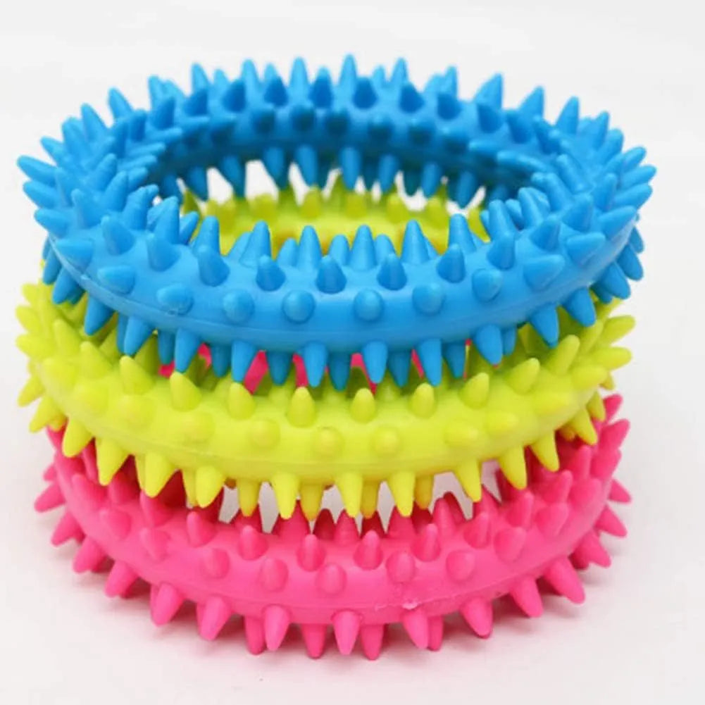 Blue spiky circle ring dog chew toy made from TPR for dental cleaning and bite training.