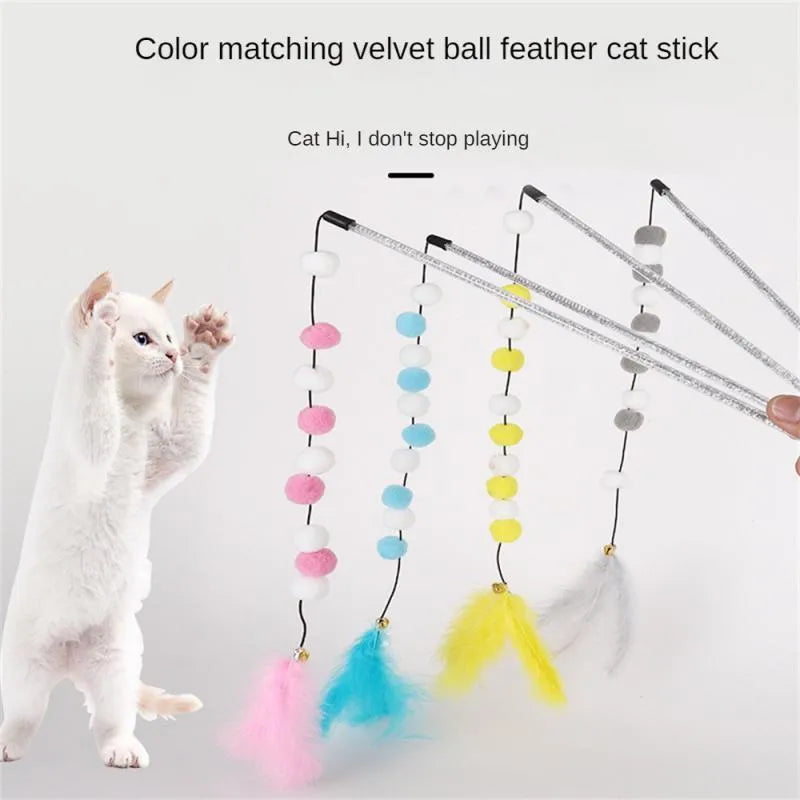 31cm long cat teaser rod with coloured acrylic pompons, feathers and bell attachment
