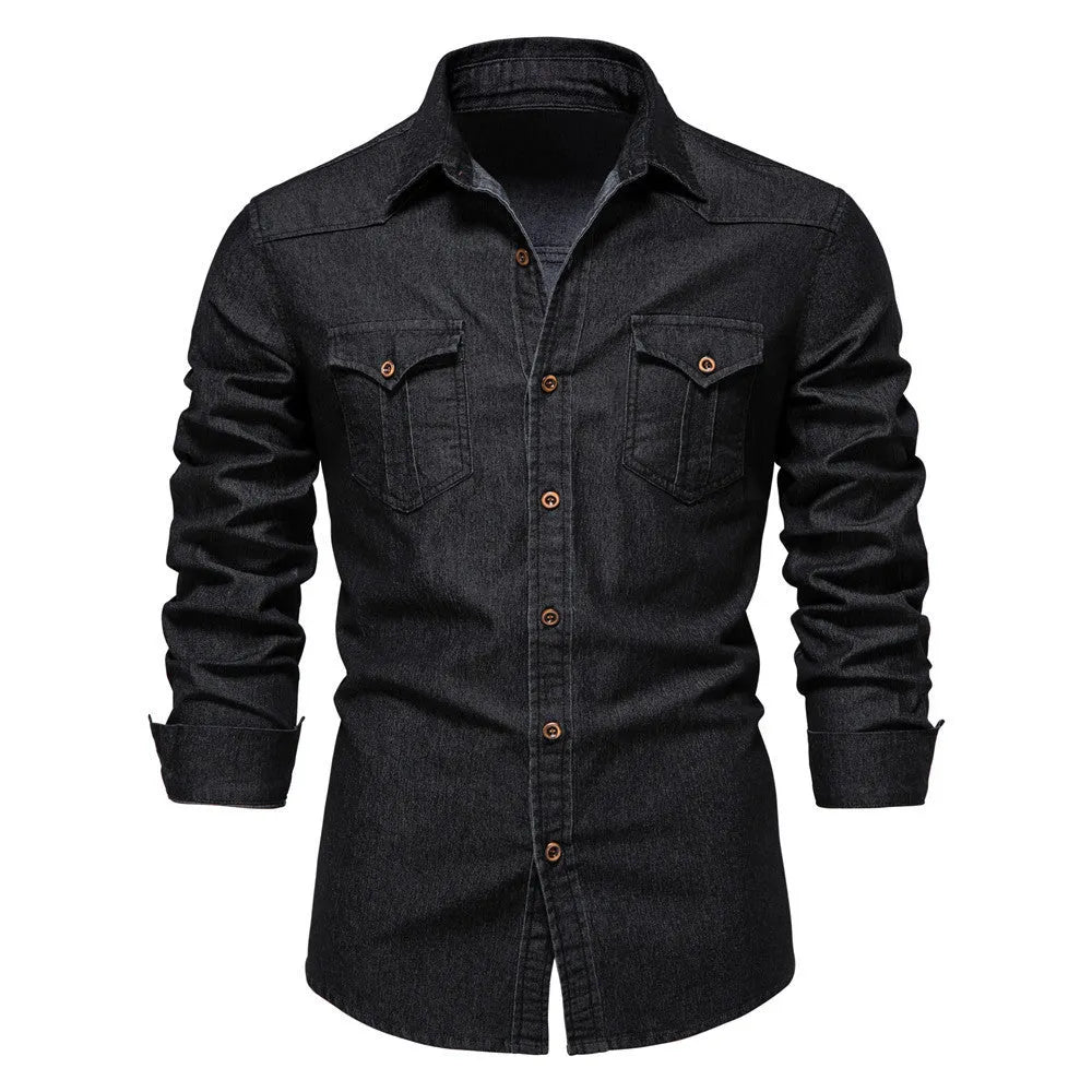 Men's slim fit long-sleeved denim shirt in cotton available in four colours