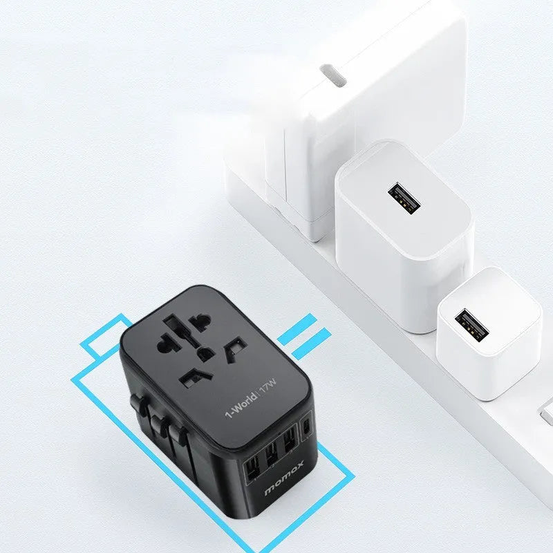 Universal travel adapter UA12 with 4 outlets and USB ports, black, 70x64x48mm