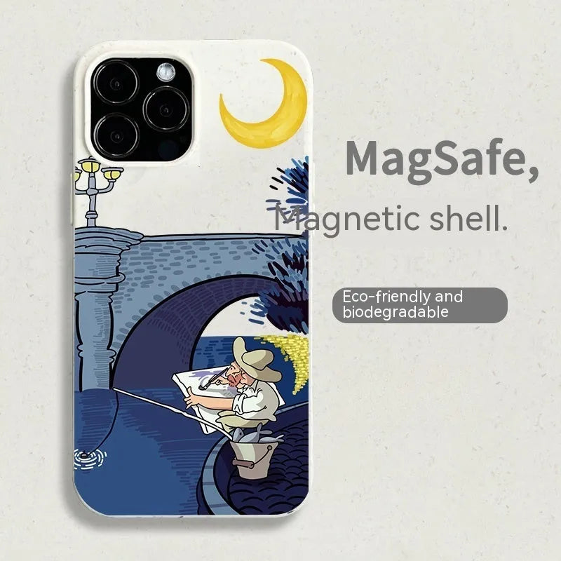 Magnetic phone case with retro oil painting design in green for iPhone 14 Pro Max