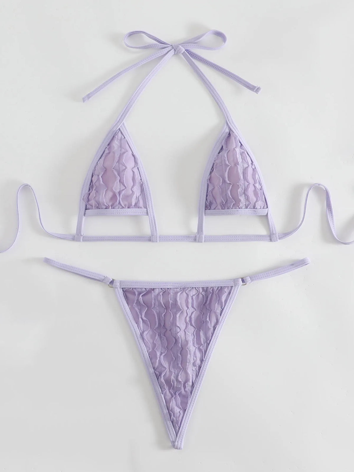 Purple solid colour split swimsuit set with three-dimensional petal accents and lace-up front