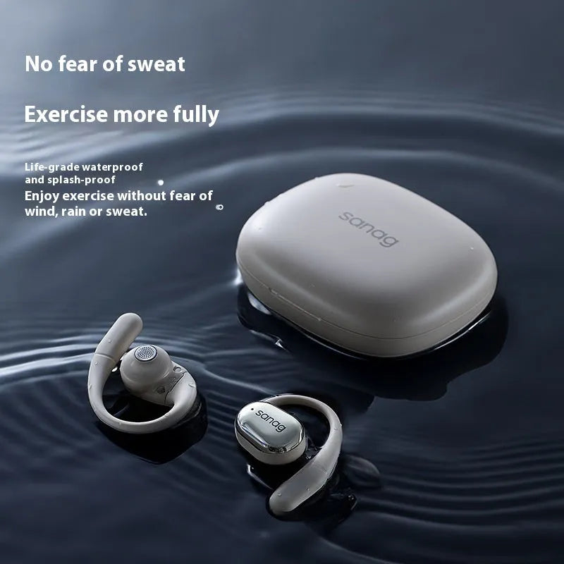 Wireless sports Bluetooth headset with ear hook design in black, plastic construction