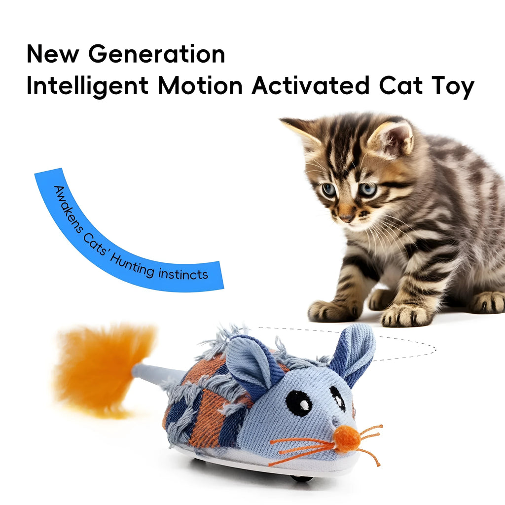 Blue electronic motion cat toy with moving mouse, sound box, and feather attachments for interactive play