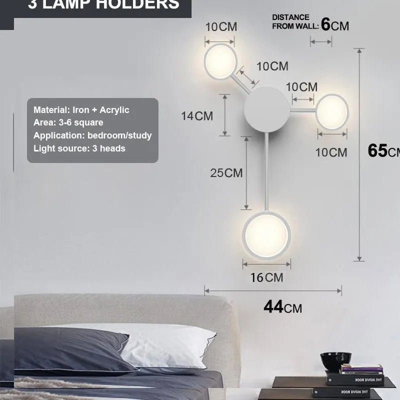Six-head 54W iron and acrylic wall lamp in black for bedroom or study, 6cm from wall