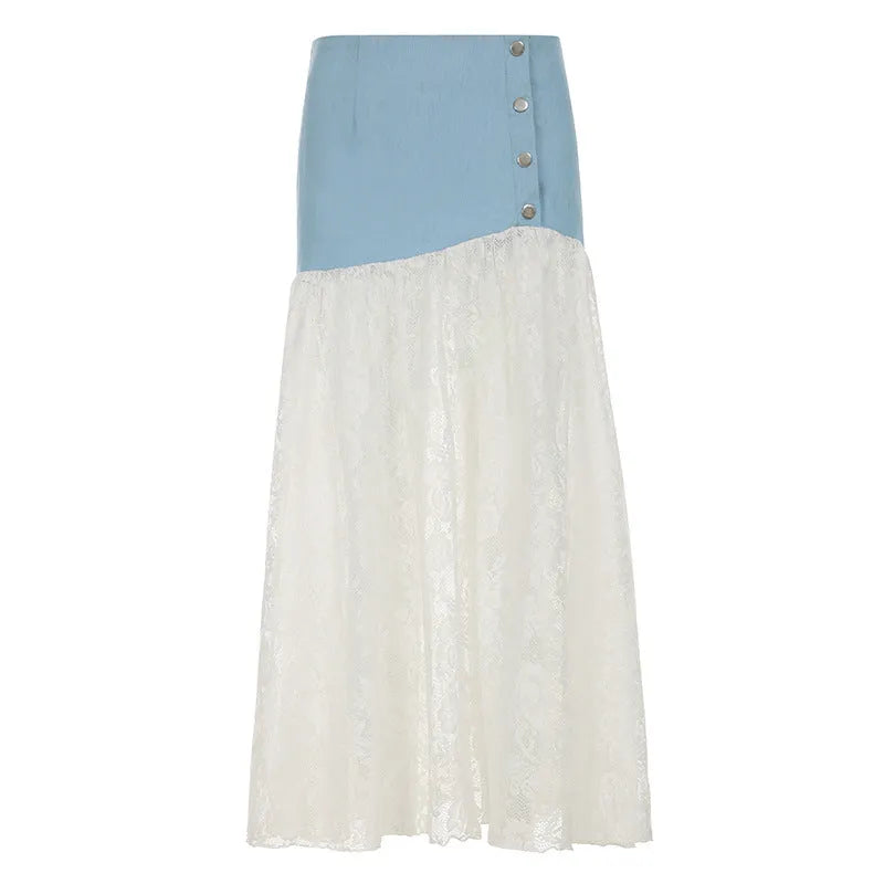 French style light blue denim A-line dress with lace stitching, low waist and breasted front, long skirt.