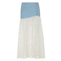 French style light blue denim A-line dress with lace stitching, low waist and breasted front, long skirt.