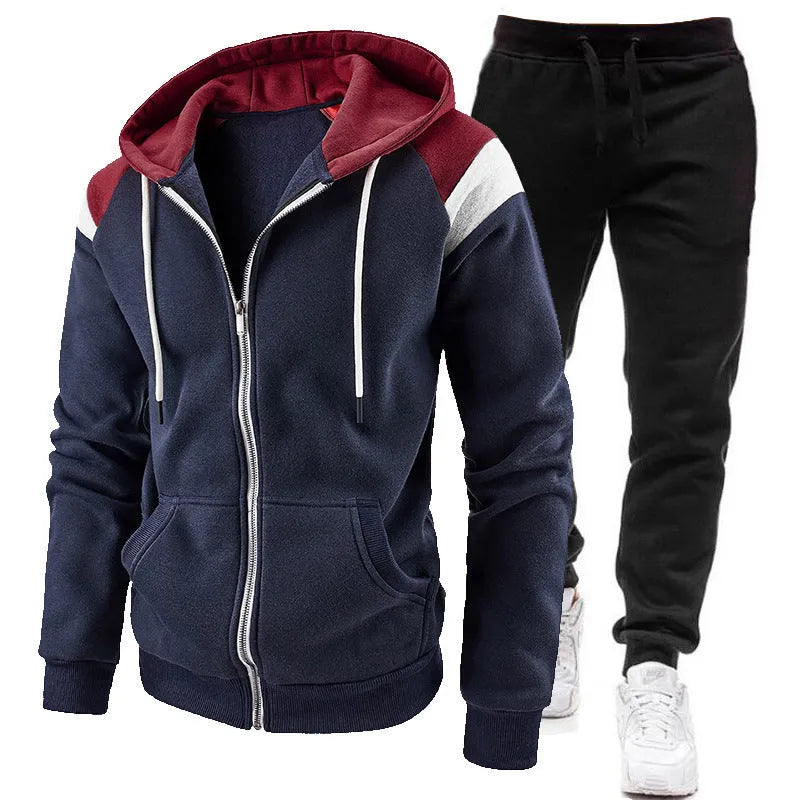 Men's polyester zip-up hoodie sweatshirt set in gray with matching trousers, front view