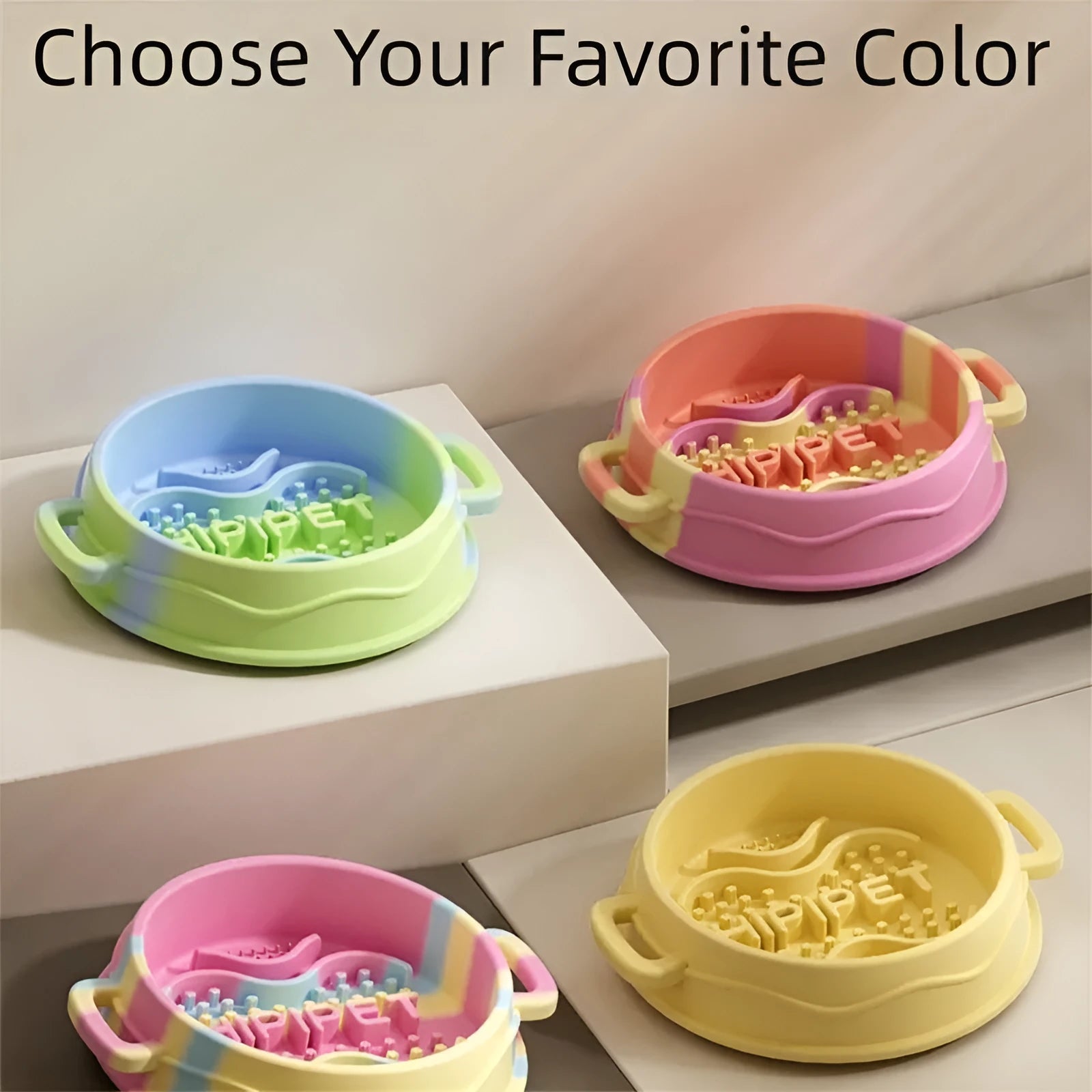 Colourful silicone slow food bowl with double-ear handles and maze interior for dogs and cats
