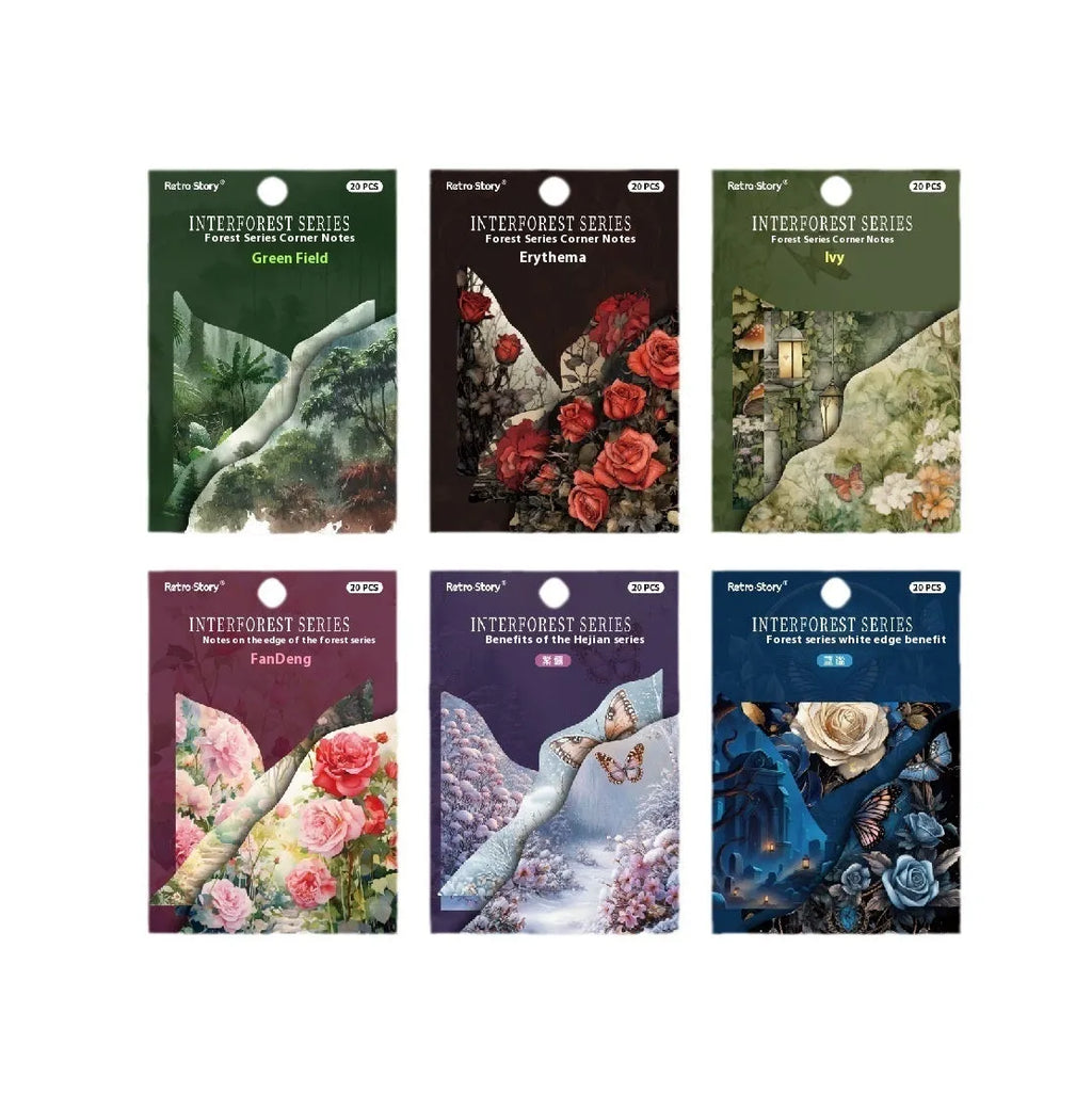 Set of printed paper bookmarks and notes in six different colours including blue, green, pink, purple, and red designs