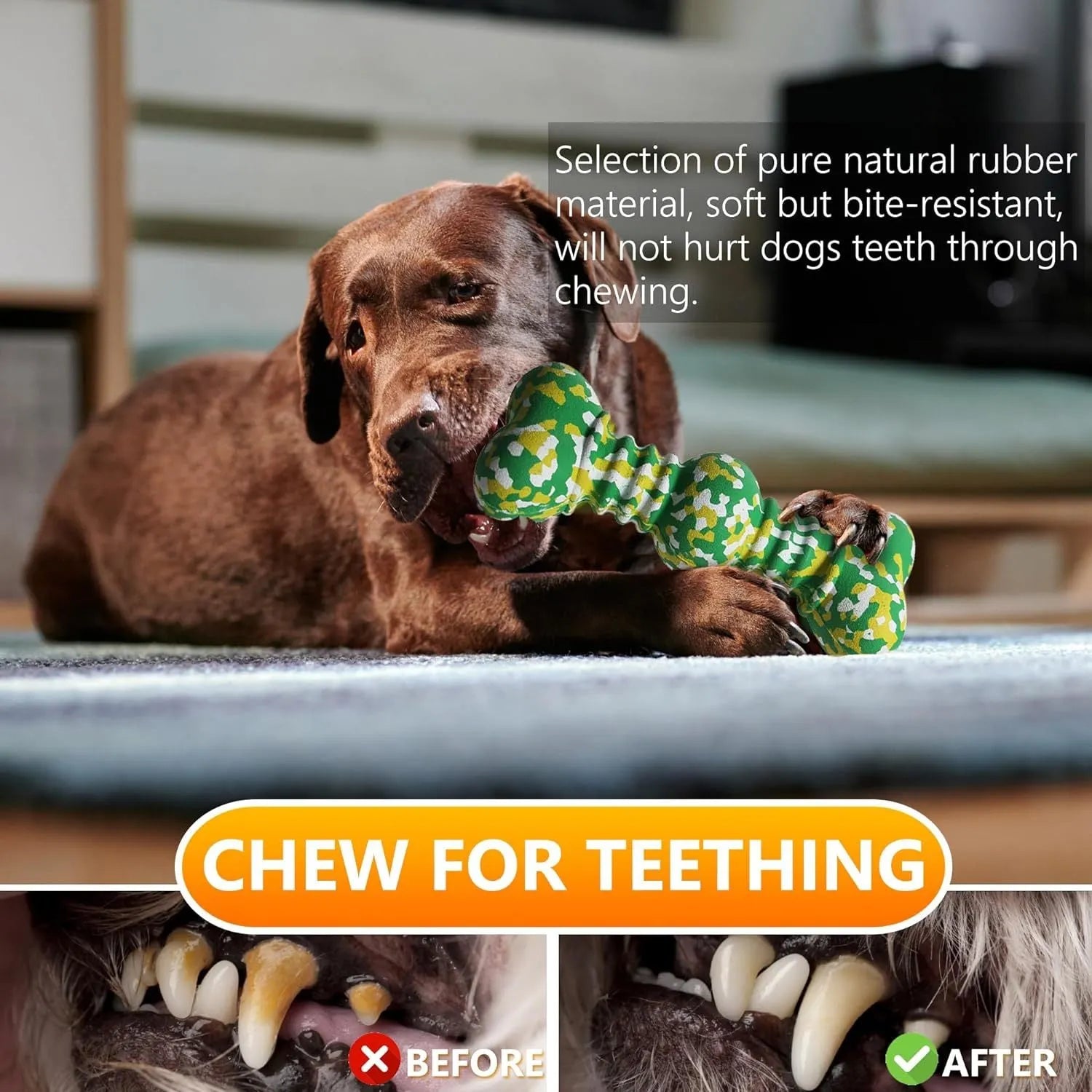 Green, white, and yellow camouflaged natural rubber bone chew toy for large dogs on a wooden surface.