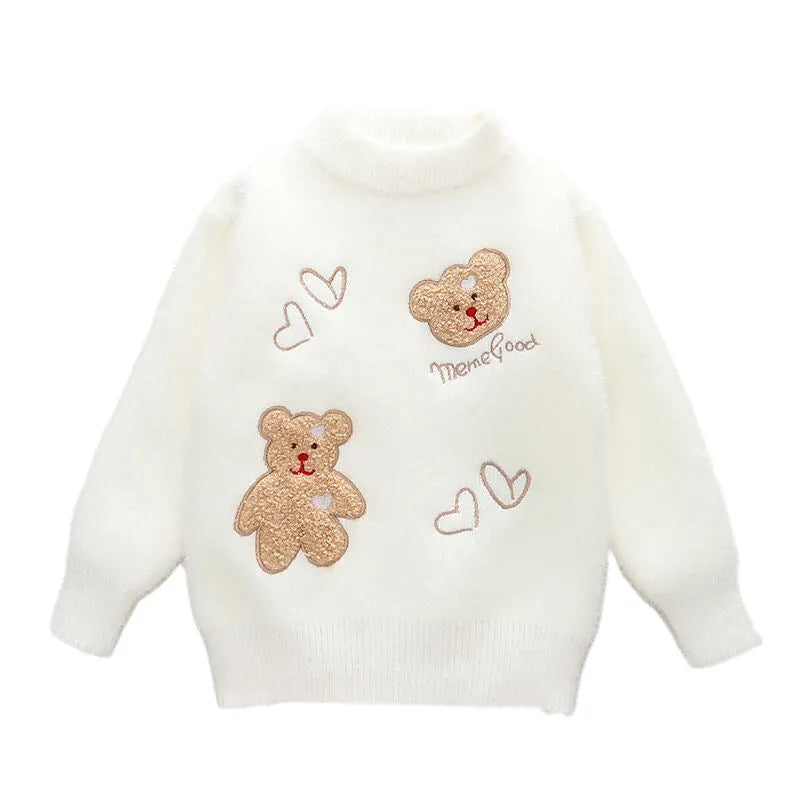 Girls mink fur plush knitted pullover jumper in pink, purple or white, sizes 110-150cm, cartoon and letter pattern