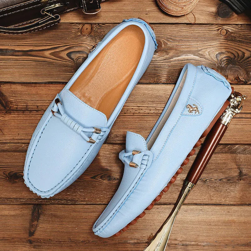 Plus-size men's loafer-style moccasins in black with open toe, second-layer cowhide upper, and low heel