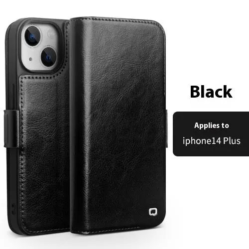 Magnetic flip genuine leather phone cover for iPhone 13 and 14 models in black, brown, coffee or light brown.