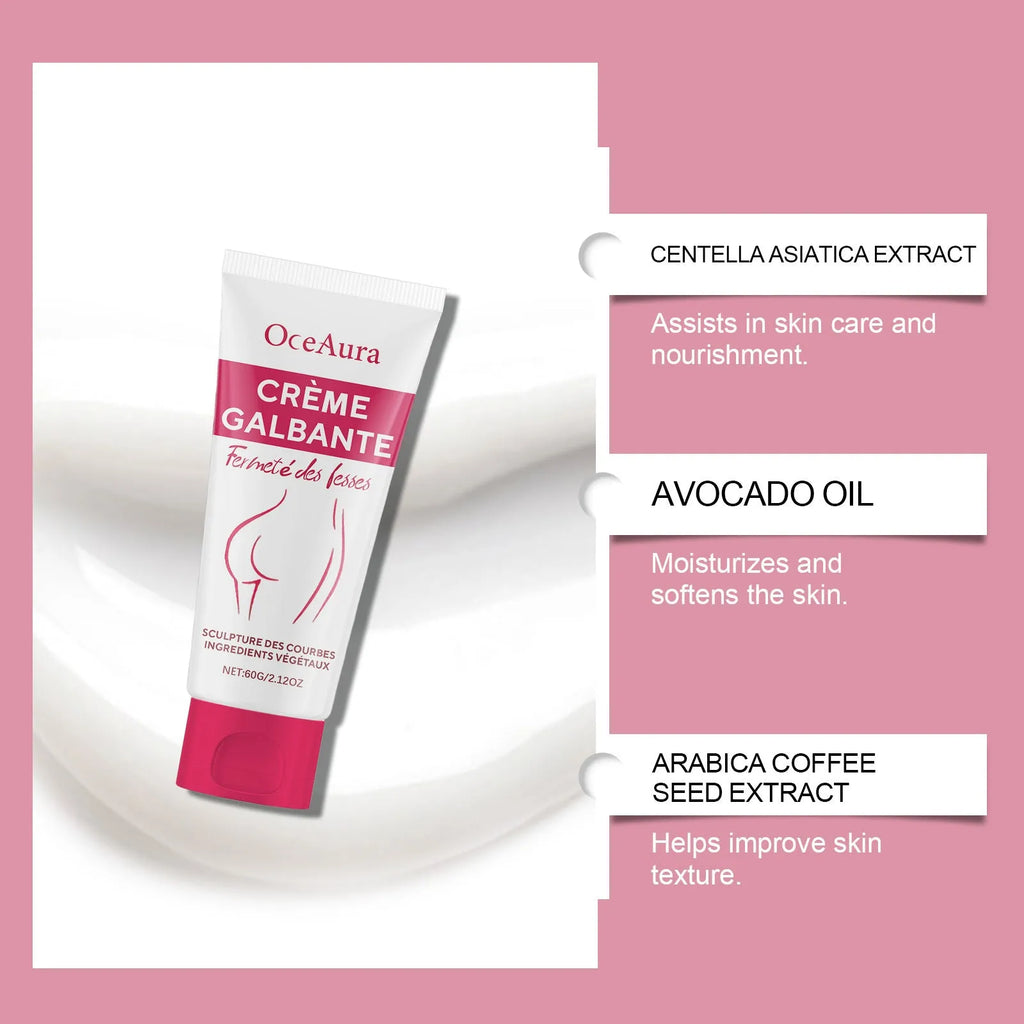 60g hip tightening cream container with moisturising formula containing Asiatic Centella and coffee seed extracts