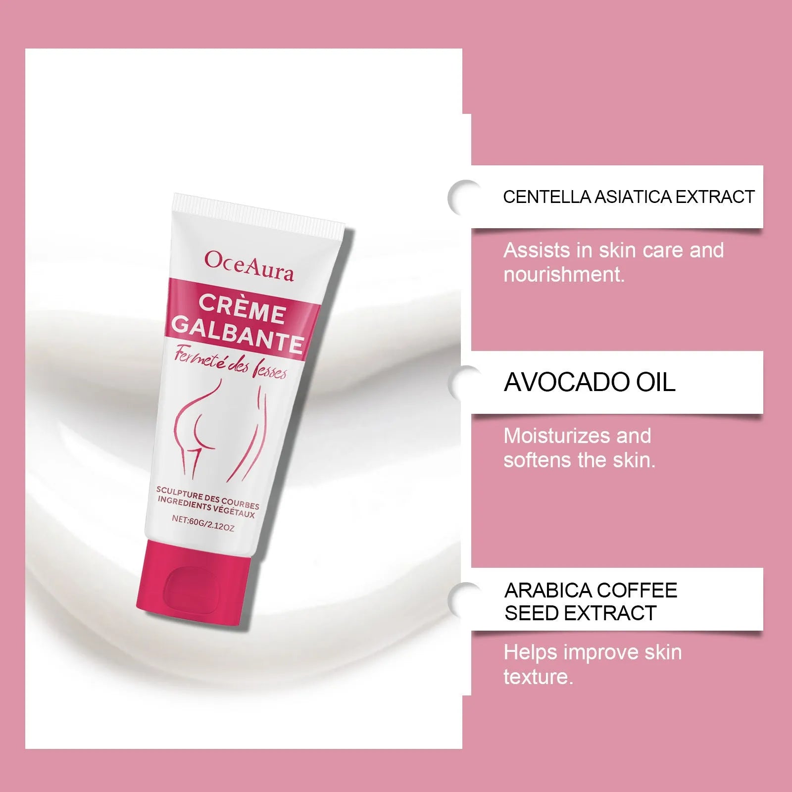 60g hip tightening cream container with moisturising formula containing Asiatic Centella and coffee seed extracts