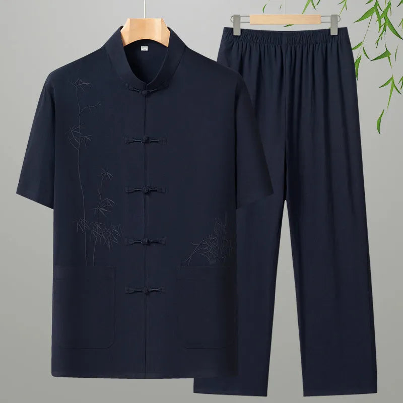 Men's cotton short-sleeved summer leisure suit in multiple colours with two-piece design