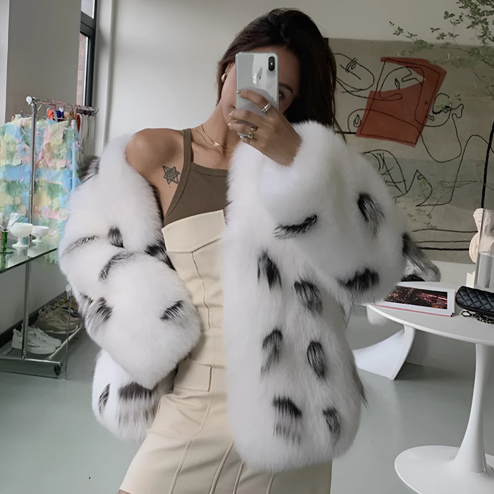 Women's short black and white faux fur coat with raccoon pattern, slim fit, plus size.