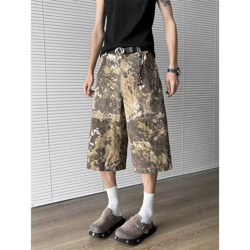 Yellow snake camouflage pattern cropped jeans in cotton denim fabric