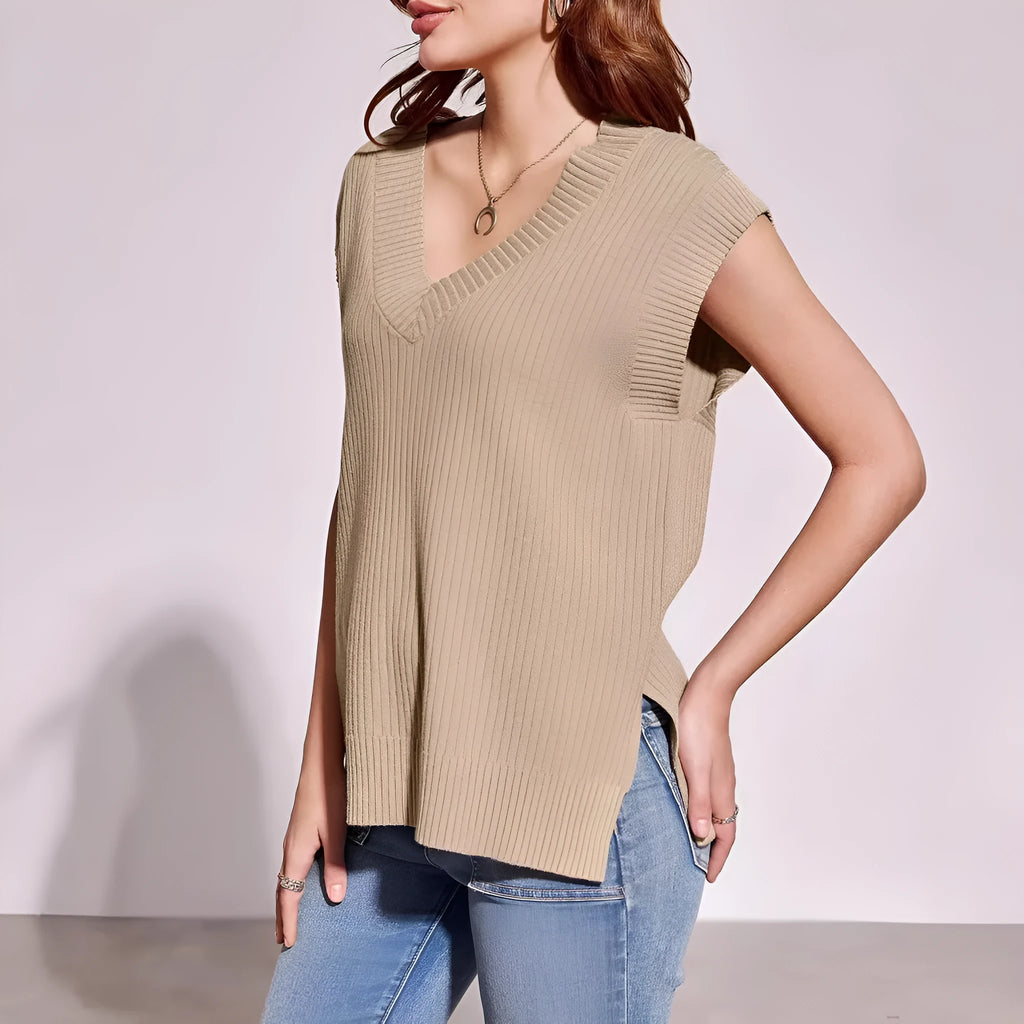 Women's camel and white V-neck sleeveless loose pullover vest with striped or plaid patterns