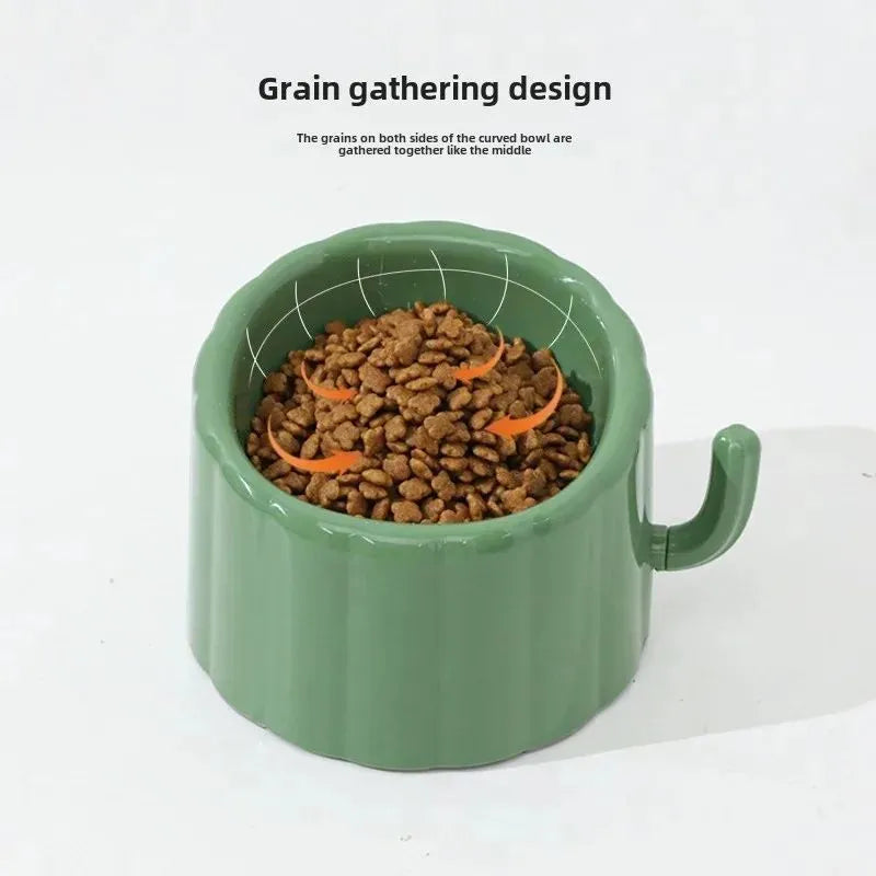 Dark green ceramic cat bowl on a raised cactus-design stand with wide rim and anti-slip base.