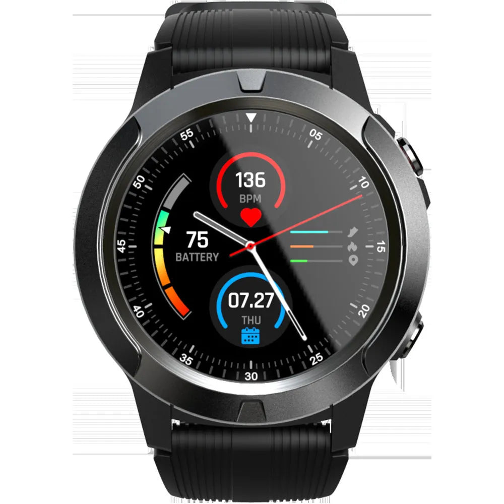 Black men's smart watch with 1.3-inch screen showing heart rate and exercise tracking display