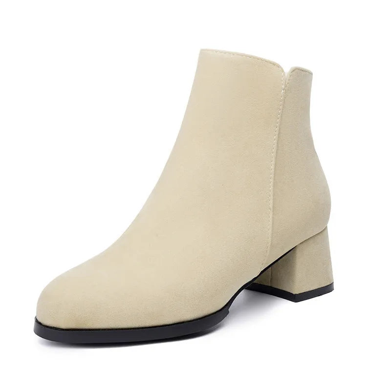 Women's pointed toe frosted suede boots with side zipper and chunky mid heel in solid colour