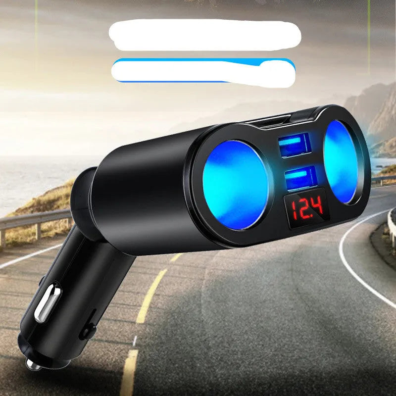 Black car Bluetooth FM transmitter plugged into a vehicle cigarette lighter socket