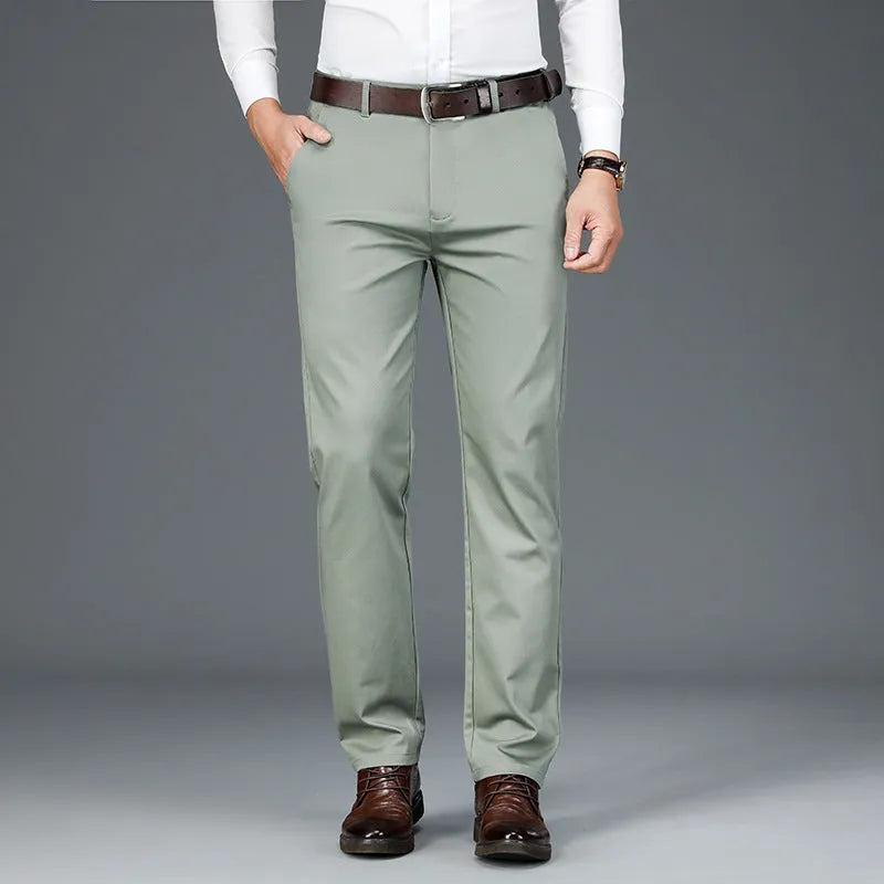 Men's high waist loose business casual trousers in khaki, straight leg, polyester, sizes 28-42