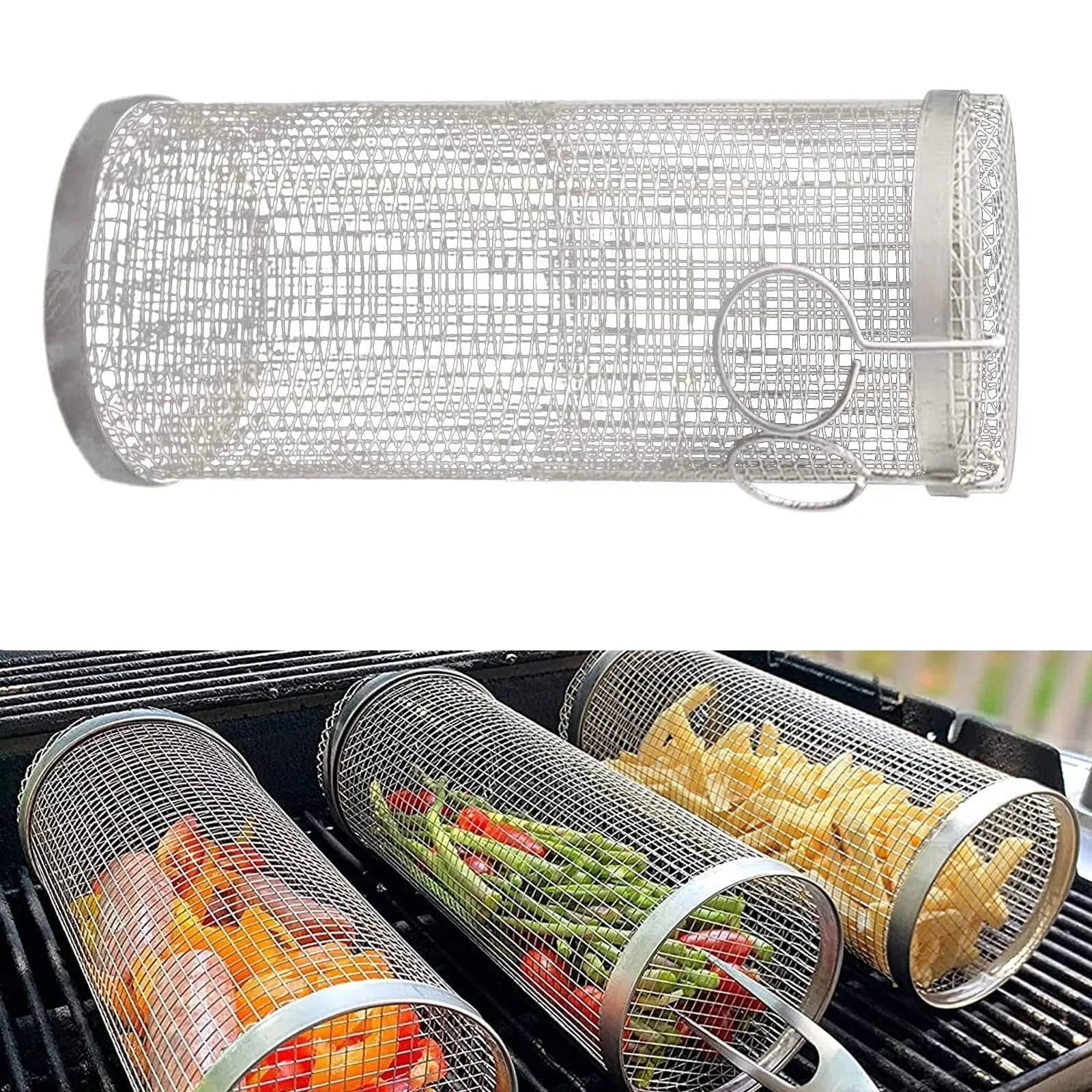 Round rolling metal barbecue grill basket with mesh sides and a handling hook, shown with BBQ gloves.