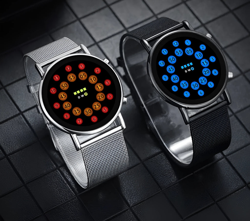 LED Ball electronic watch with round dial and stainless steel mesh strap on wrist