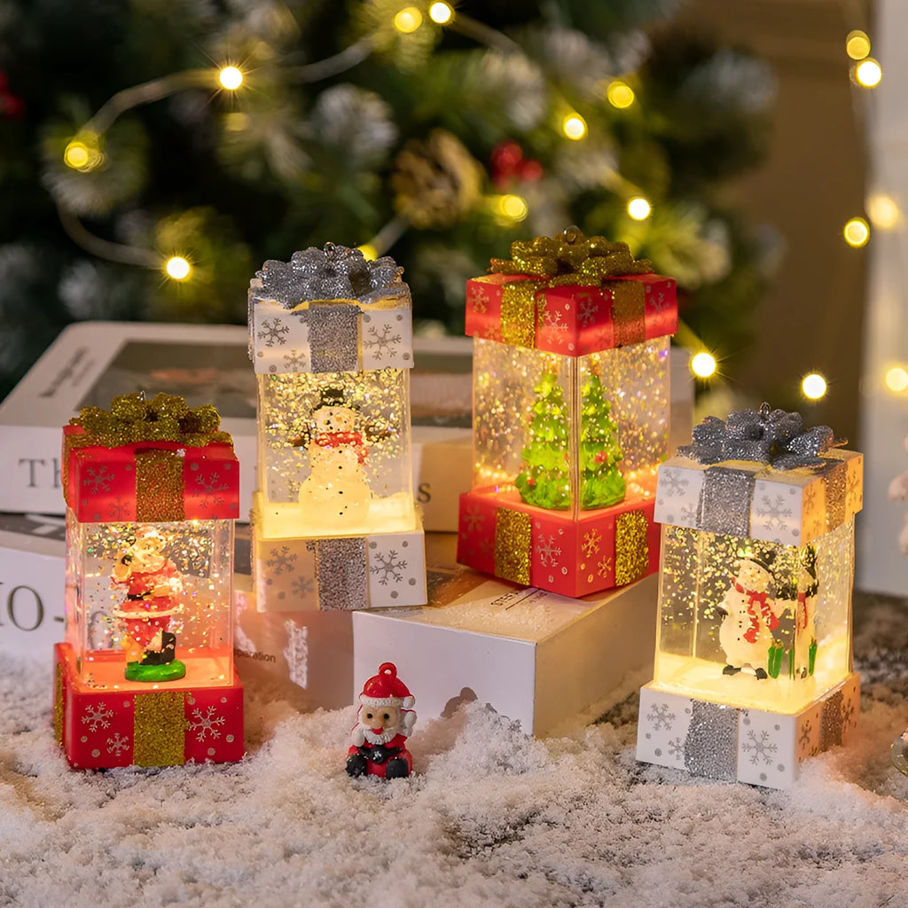 Christmas crystal ball gift box light in plastic, cartoon style, 5.5 x 5.5 x 11.5 cm, white snowman design