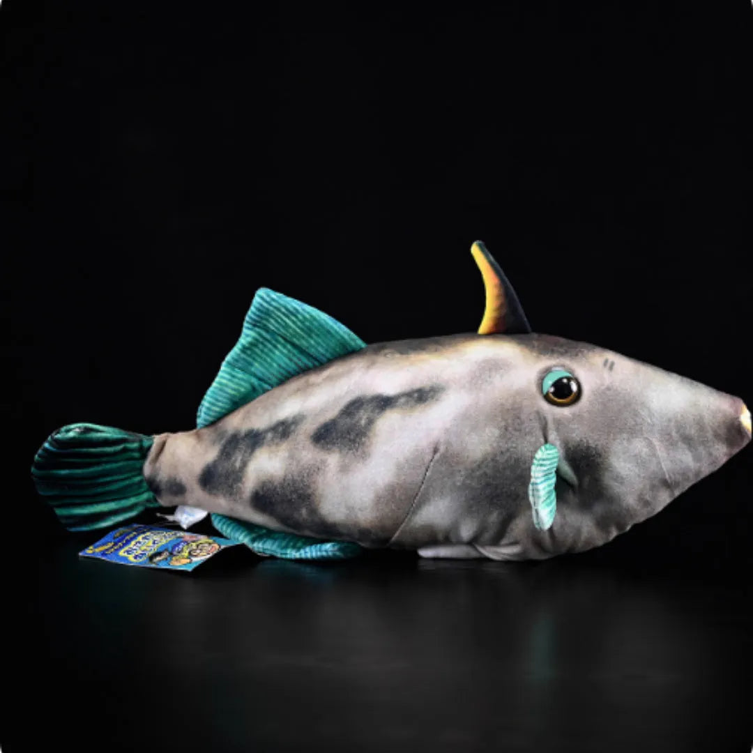 Simulation green fin pufferfish plush toy 42cm flannel doll on white background