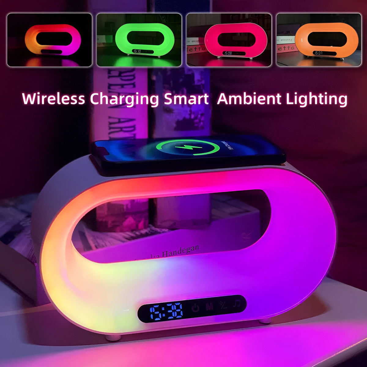 White multifunctional 3-in-1 LED night light with app control, RGB atmosphere lamp, wireless charger, and alarm clock on a desk
