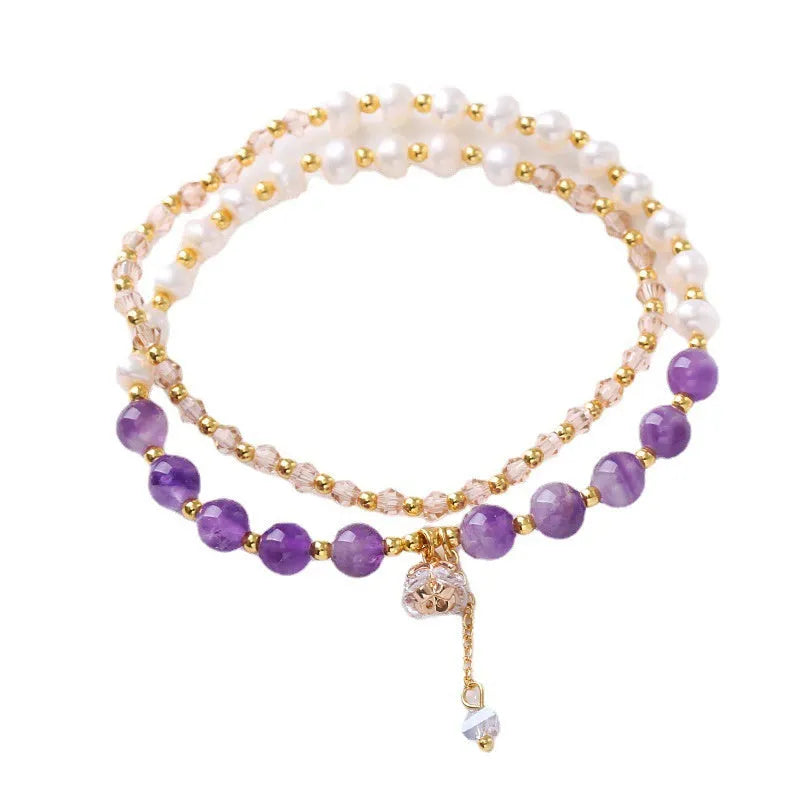 Women's double ring bracelet with freshwater pearls and coloured crystals in amethyst, aquamarine, or strawberry quartz options